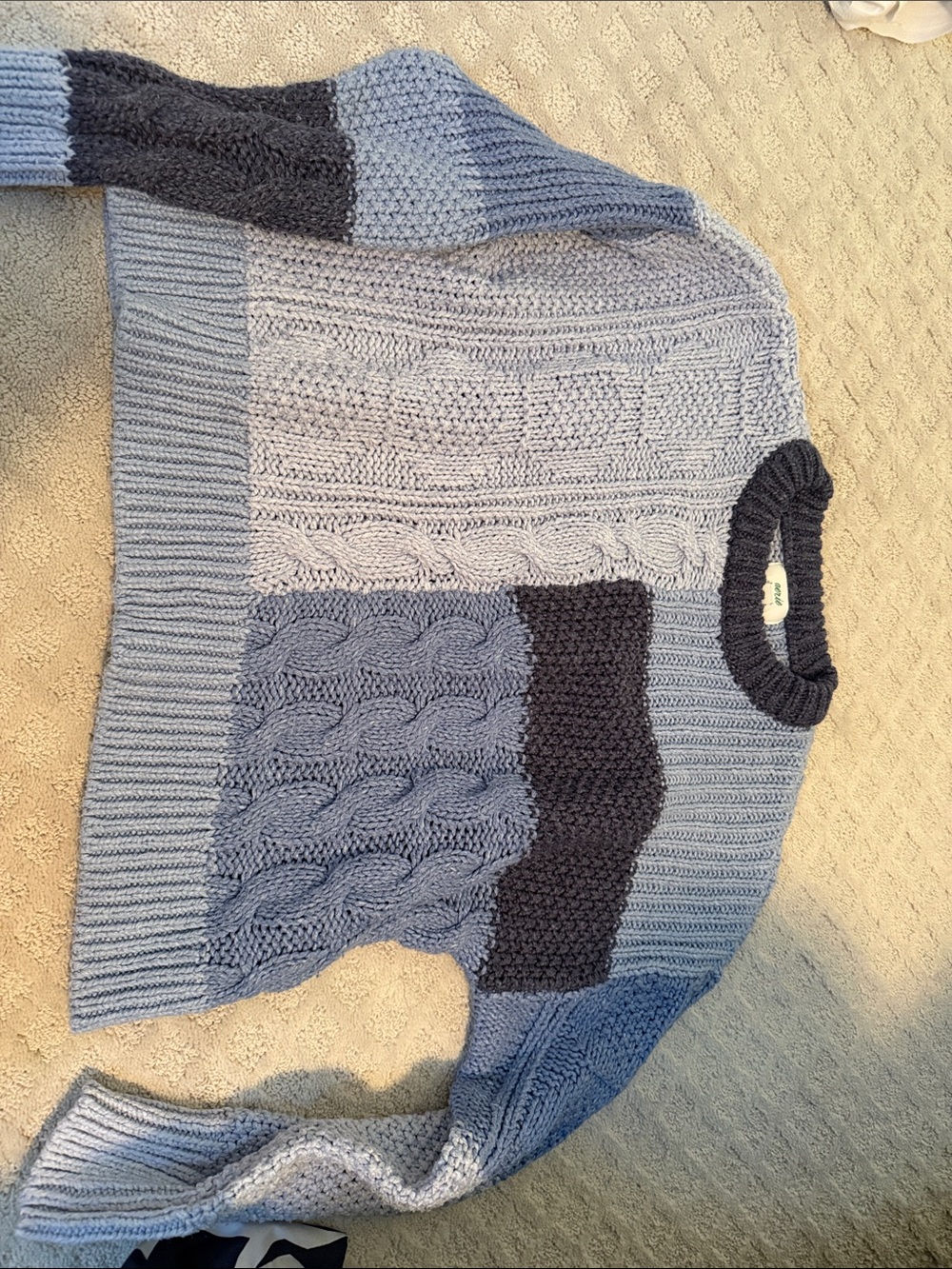 aerie Blue Multi Cable-Knit Colorblock Crewneck Sweater